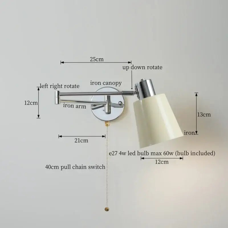 Chrome cream led swing arm wall lamp for bedroom with pull chain