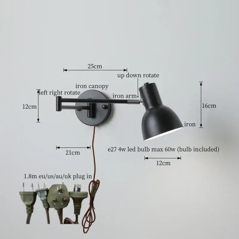 Chrome cream led swing arm wall lamp for bedroom with pull chain