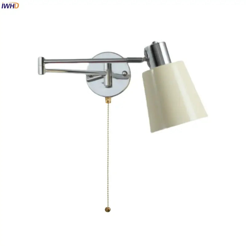Chrome cream led swing arm wall lamp for bedroom with pull chain