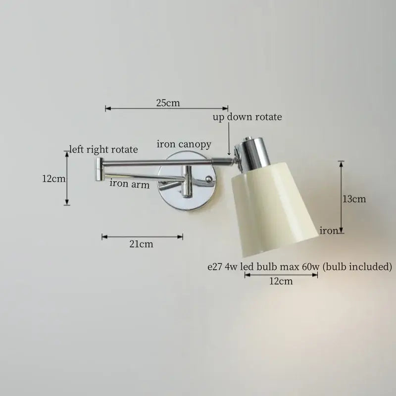 Chrome cream led swing arm wall lamp for bedroom with pull chain