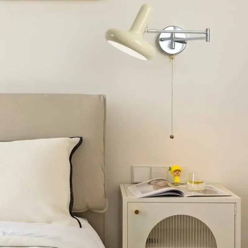 Chrome cream led swing arm wall lamp for bedroom with pull chain