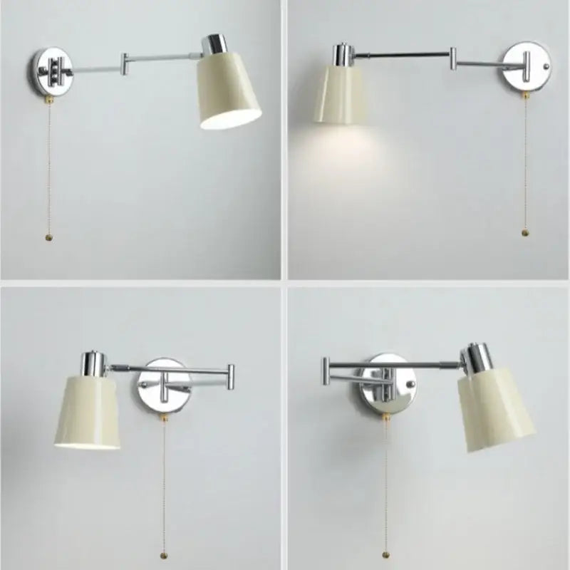 Chrome cream led swing arm wall lamp for bedroom with pull chain