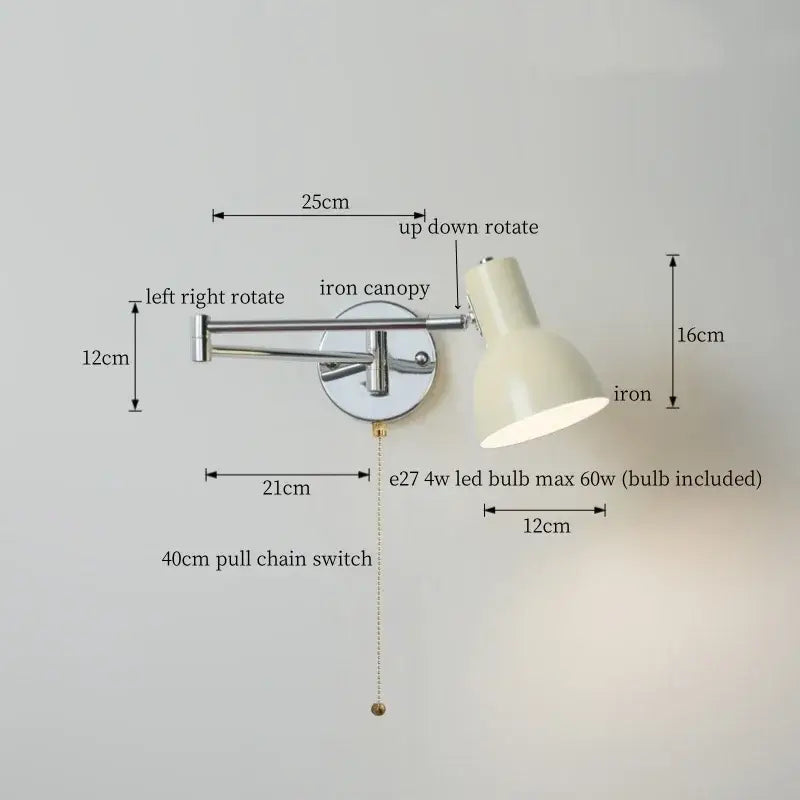 Chrome cream led swing arm wall lamp for bedroom with pull chain