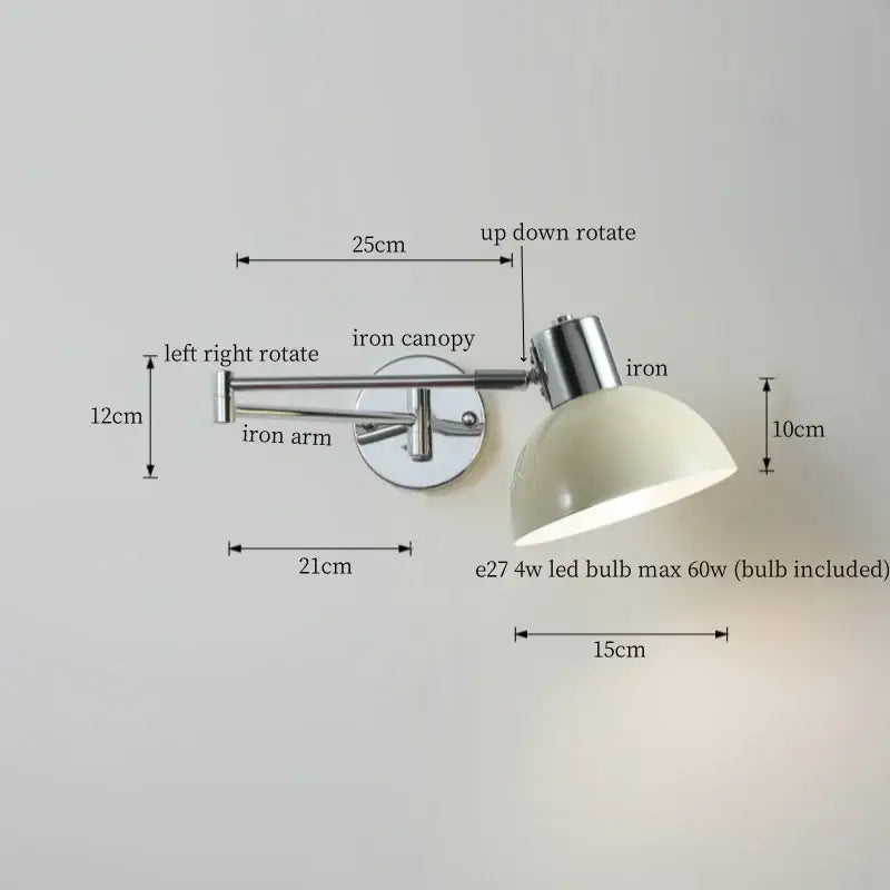 Chrome cream led swing arm wall lamp for bedroom with pull chain
