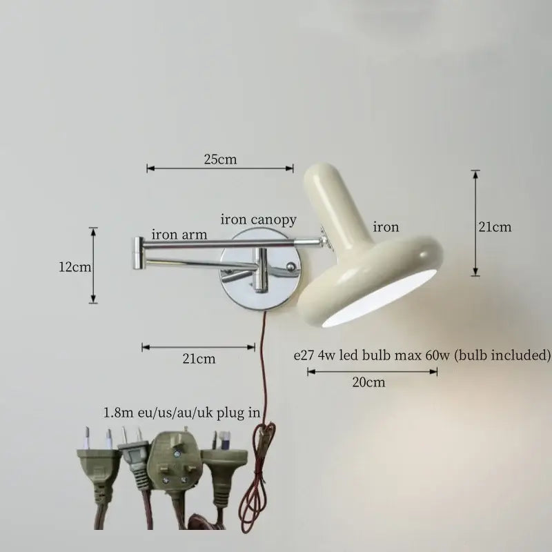 Chrome cream led swing arm wall lamp for bedroom with pull chain