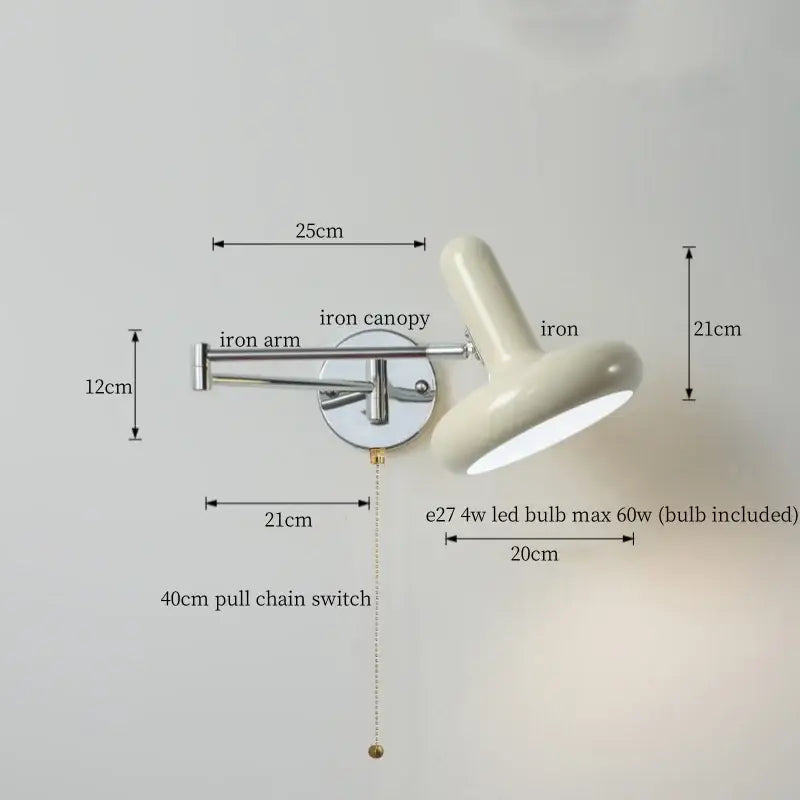 Chrome cream led swing arm wall lamp for bedroom with pull chain