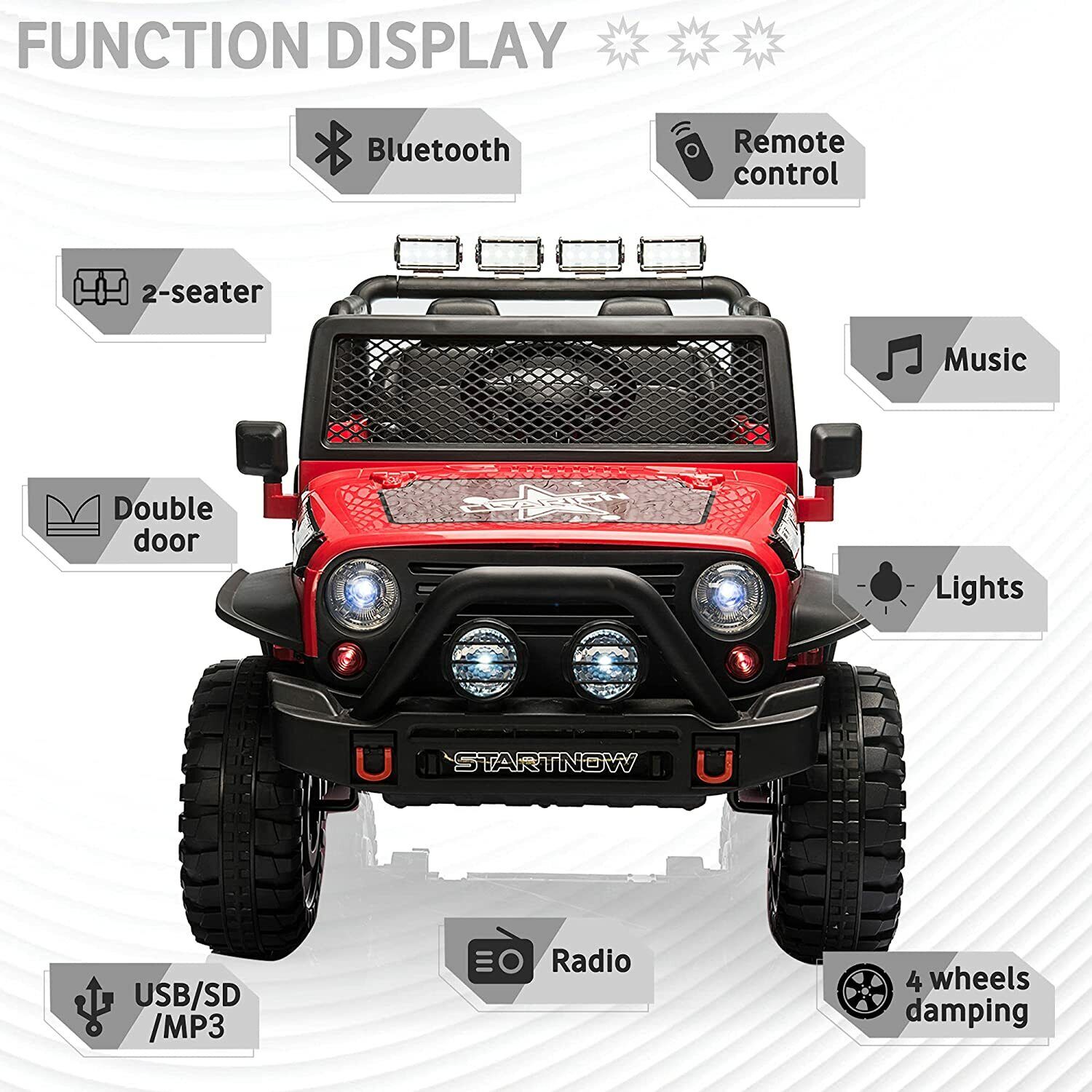CLARFEY 12V Battery Powered RC Off-Road Jeep for Kids with LED Lights