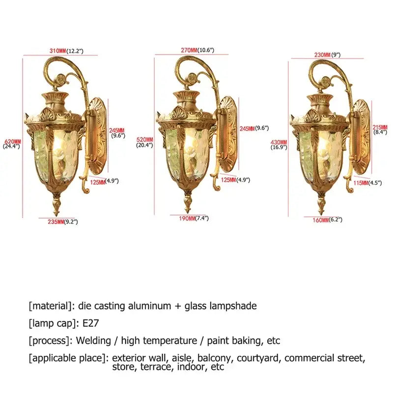 Classical bronze led outdoor wall lamp with textured glass panels