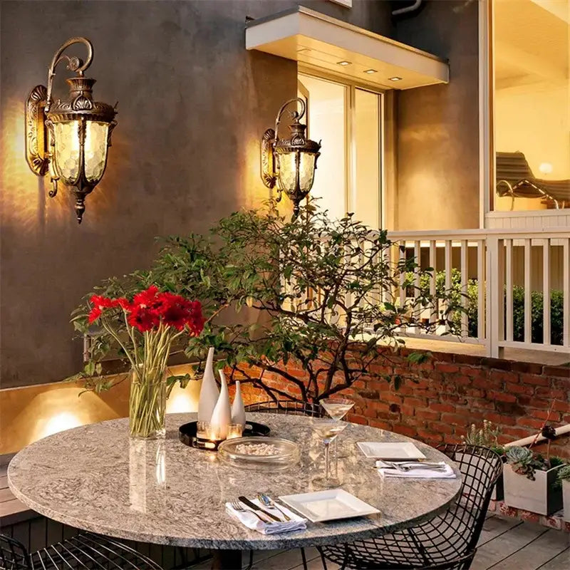 Classical bronze led outdoor wall lamp with textured glass panels