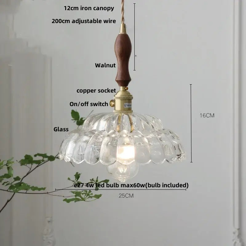 Clear and amber glass walnut pendant lamp kitchen copper switch