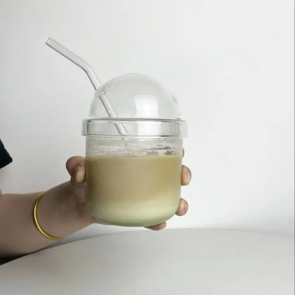 Clear glass bobo cup with ribbed lid and straw kitchen milkshake set