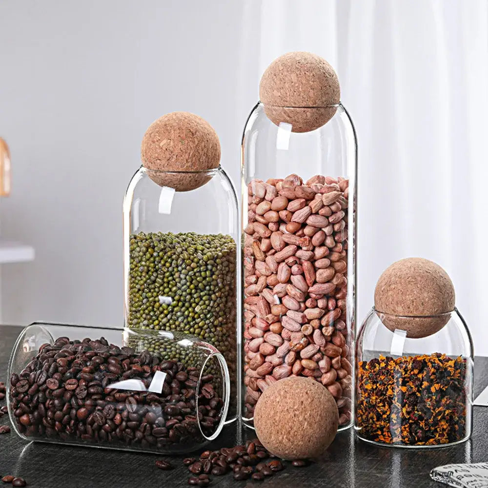 Clear glass bottle dispenser set with cork stoppers kitchen jars