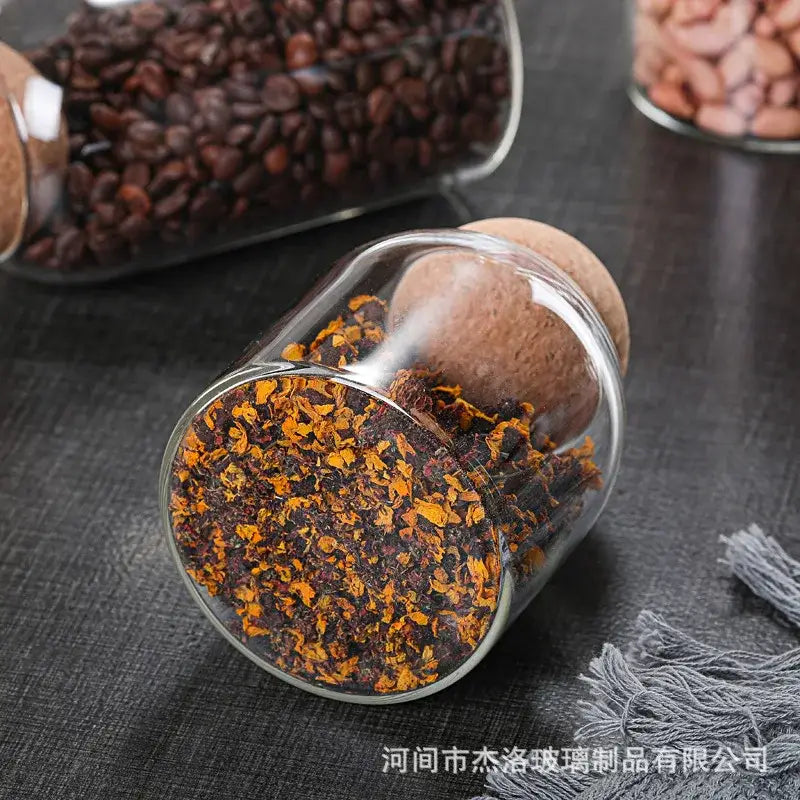 Clear glass bottle dispenser set with cork stoppers kitchen jars