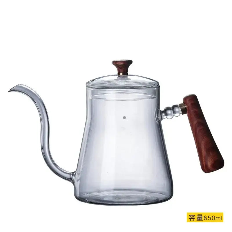 Clear glass hand drip coffee kettle with wood handle kitchen accessory