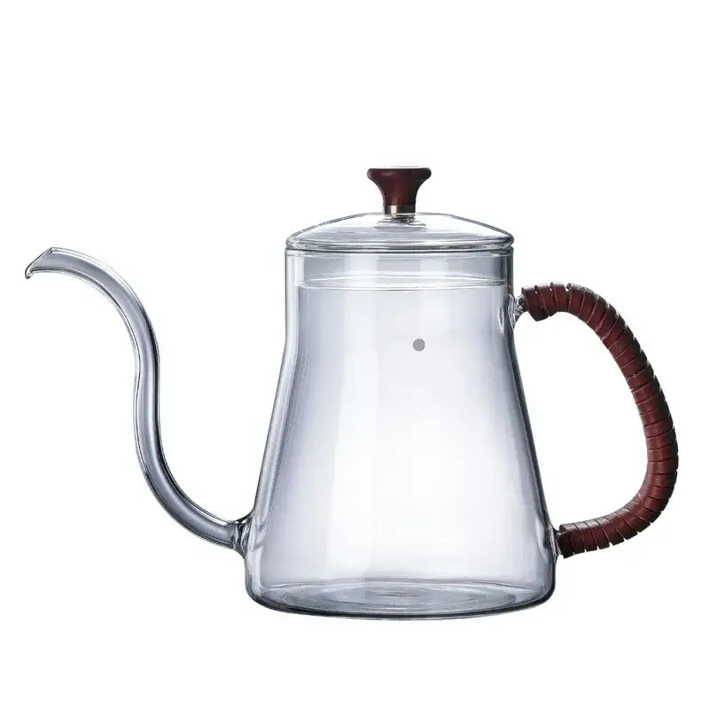 Clear glass hand drip coffee kettle with wood handle kitchen accessory