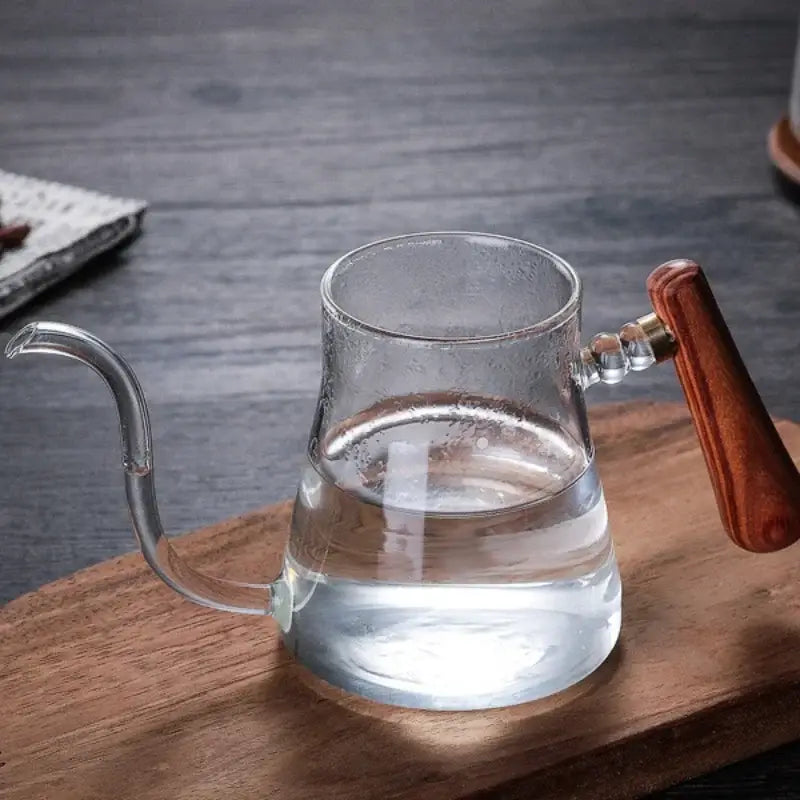 Clear glass hand drip coffee kettle with wood handle kitchen accessory