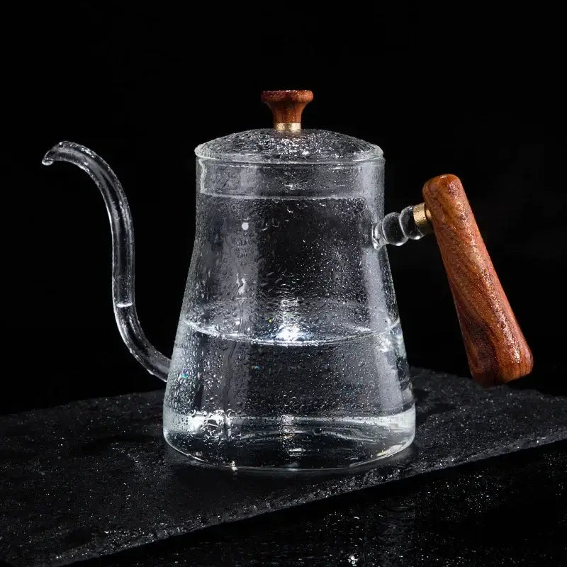 Clear glass hand drip coffee kettle with wood handle kitchen accessory