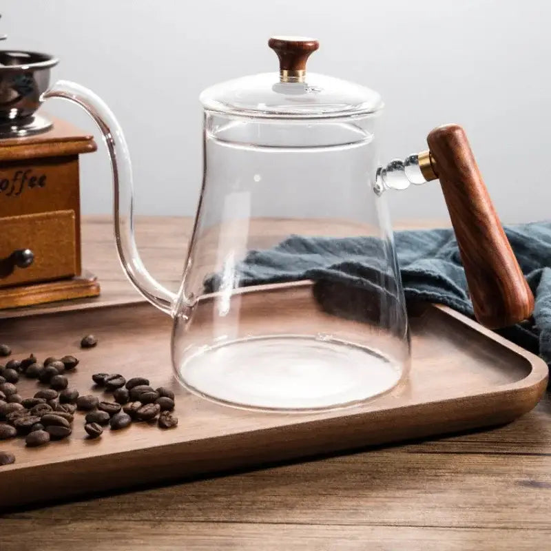 Clear glass hand drip coffee kettle with wood handle kitchen accessory