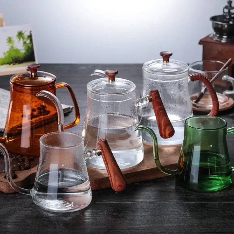 Clear glass hand drip coffee kettle with wood handle kitchen accessory