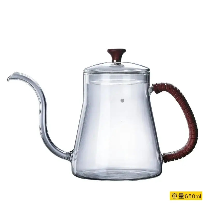 Clear glass hand drip coffee kettle with wood handle kitchen accessory