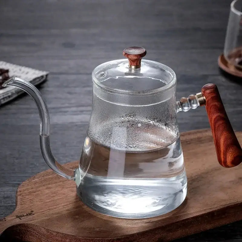 Clear glass hand drip coffee kettle with wood handle kitchen accessory