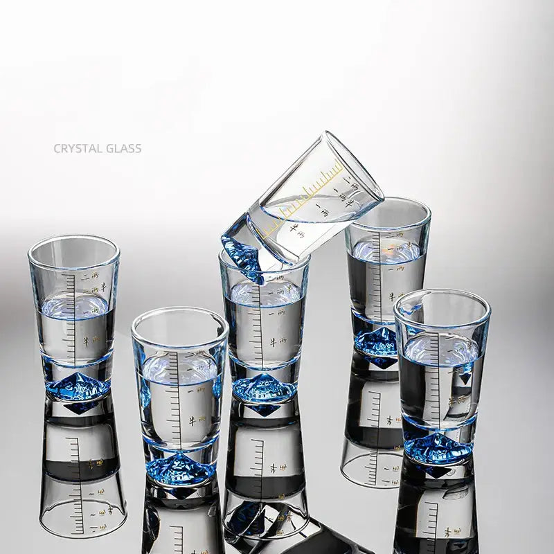 Clear glass liquor cup set with measurement markings dining room glass