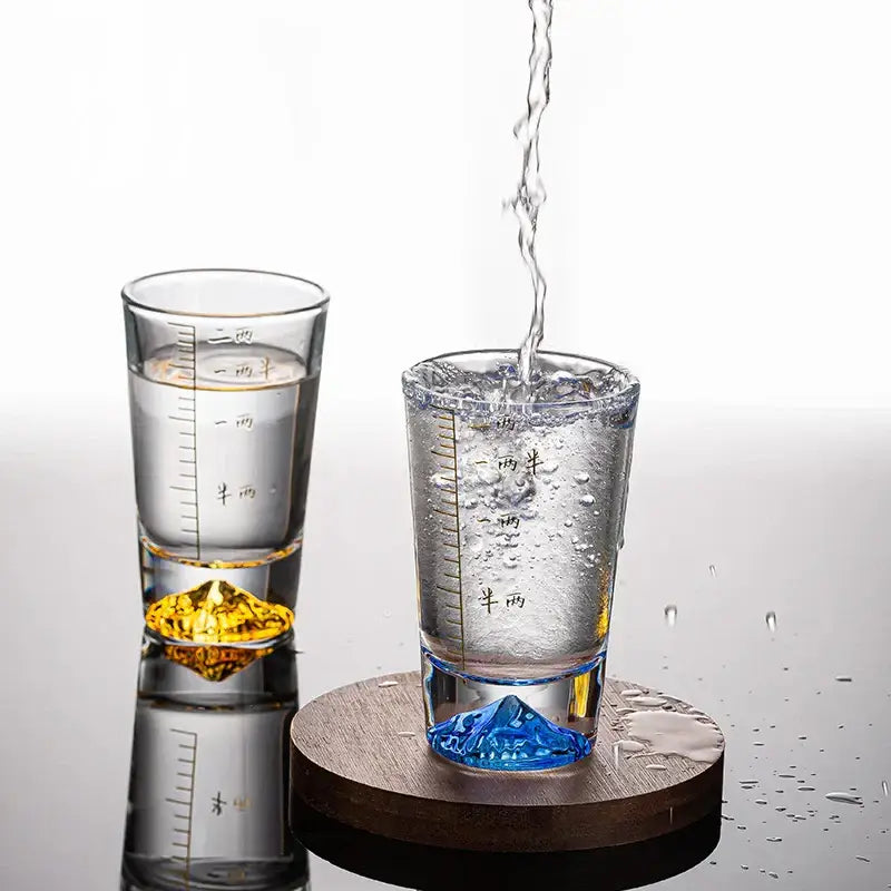 Clear glass liquor cup set with measurement markings dining room glass