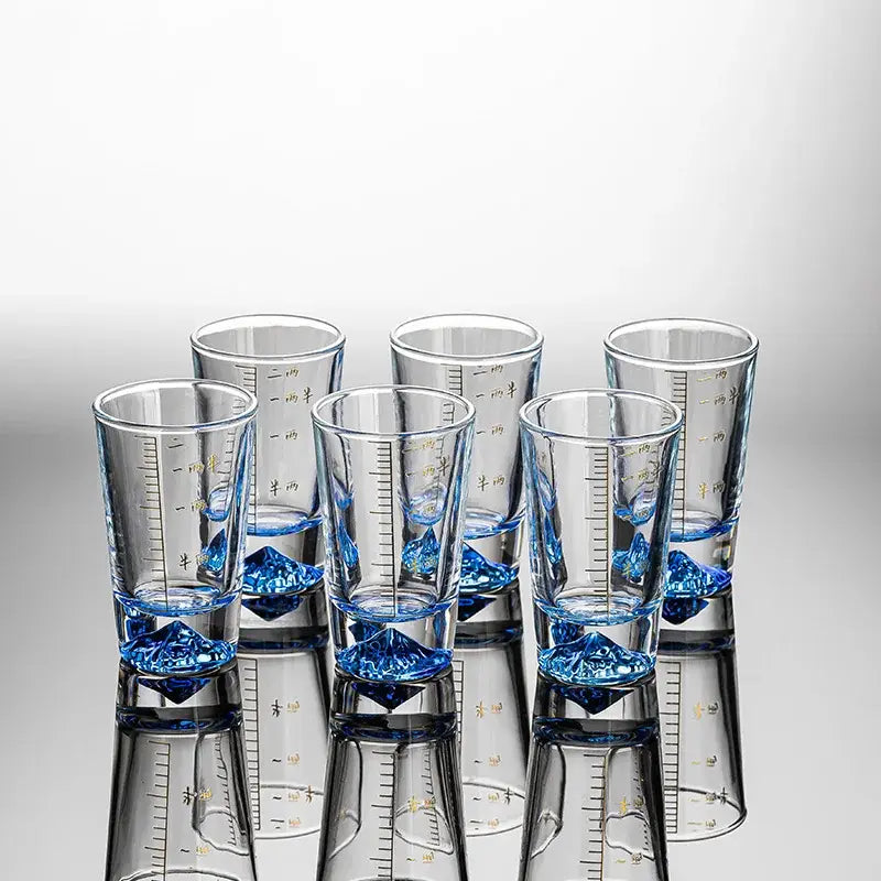 Clear glass liquor cup set with measurement markings dining room glass