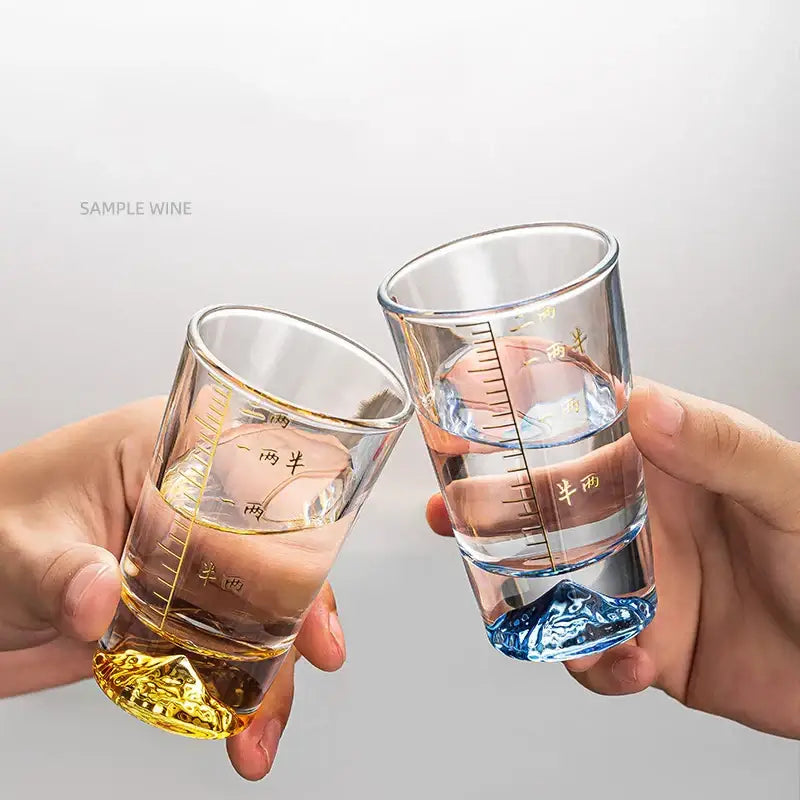 Clear glass liquor cup set with measurement markings dining room glass
