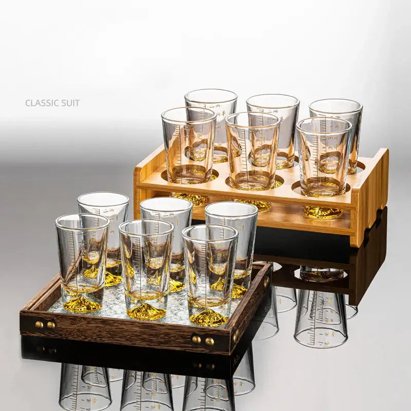 Clear glass liquor cup set with measurement markings dining room glass