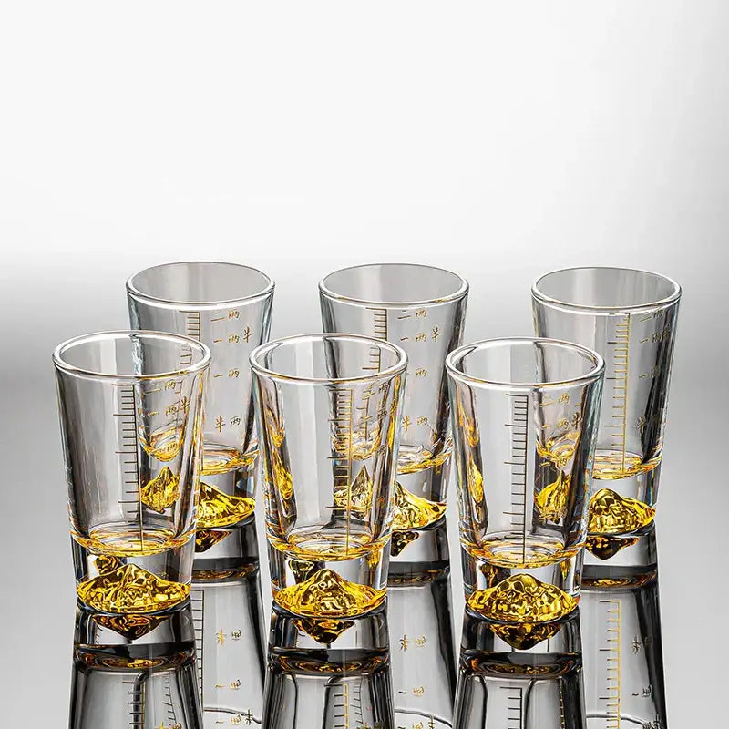 Clear glass liquor cup set with measurement markings dining room glass