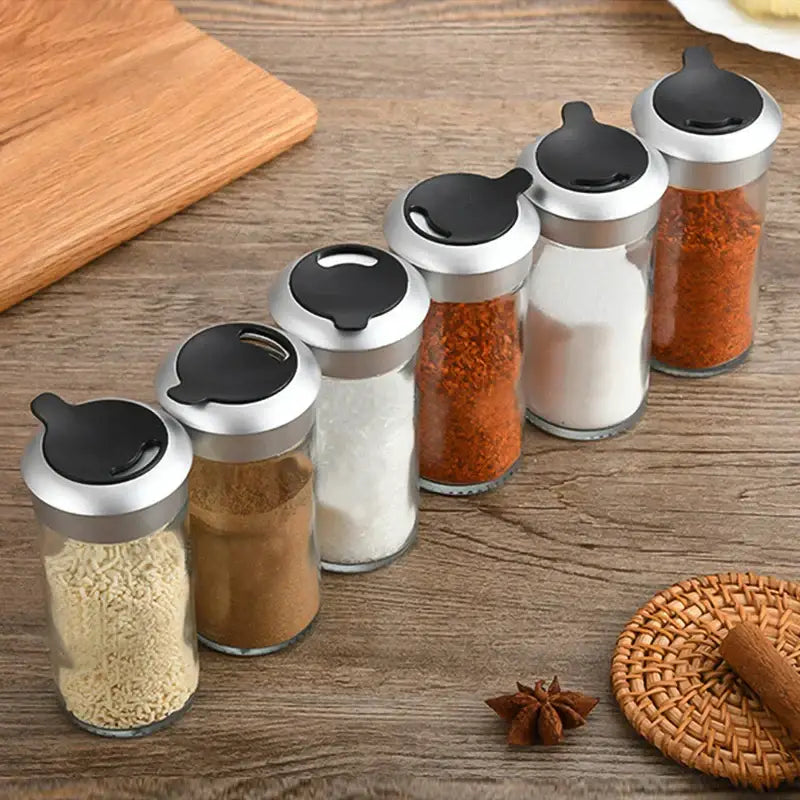 Clear glass rotating spice jar set – kitchen seasoning bottles