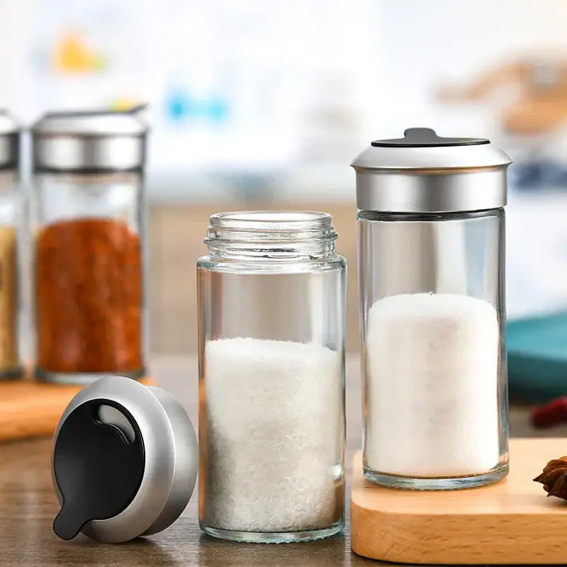 Clear glass rotating spice jar set – kitchen seasoning bottles