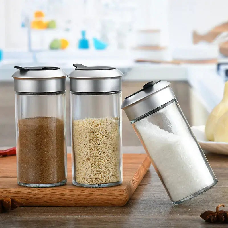 Clear glass rotating spice jar set – kitchen seasoning bottles