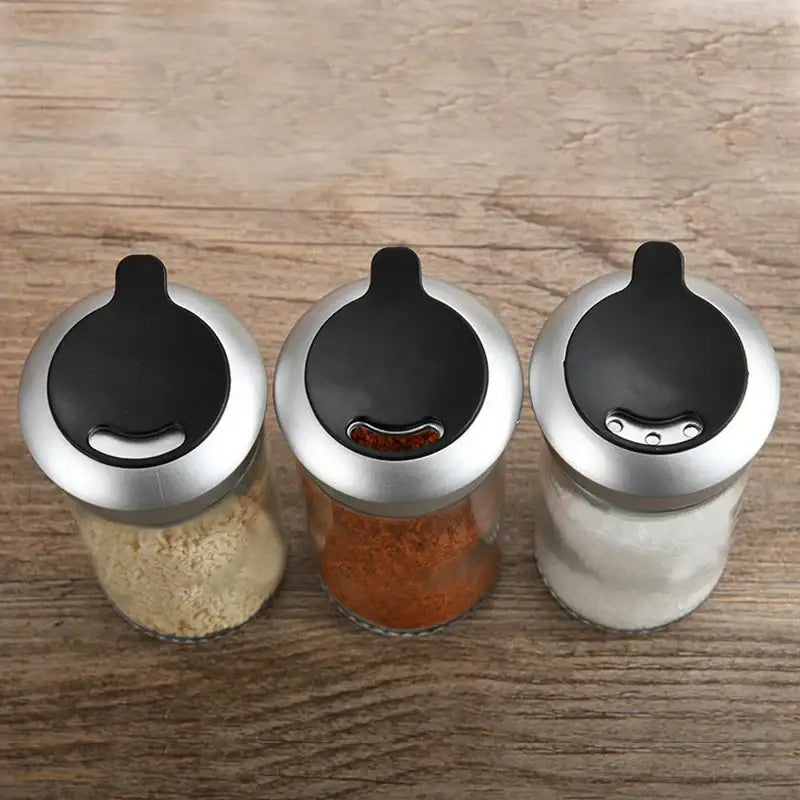 Clear glass rotating spice jar set – kitchen seasoning bottles