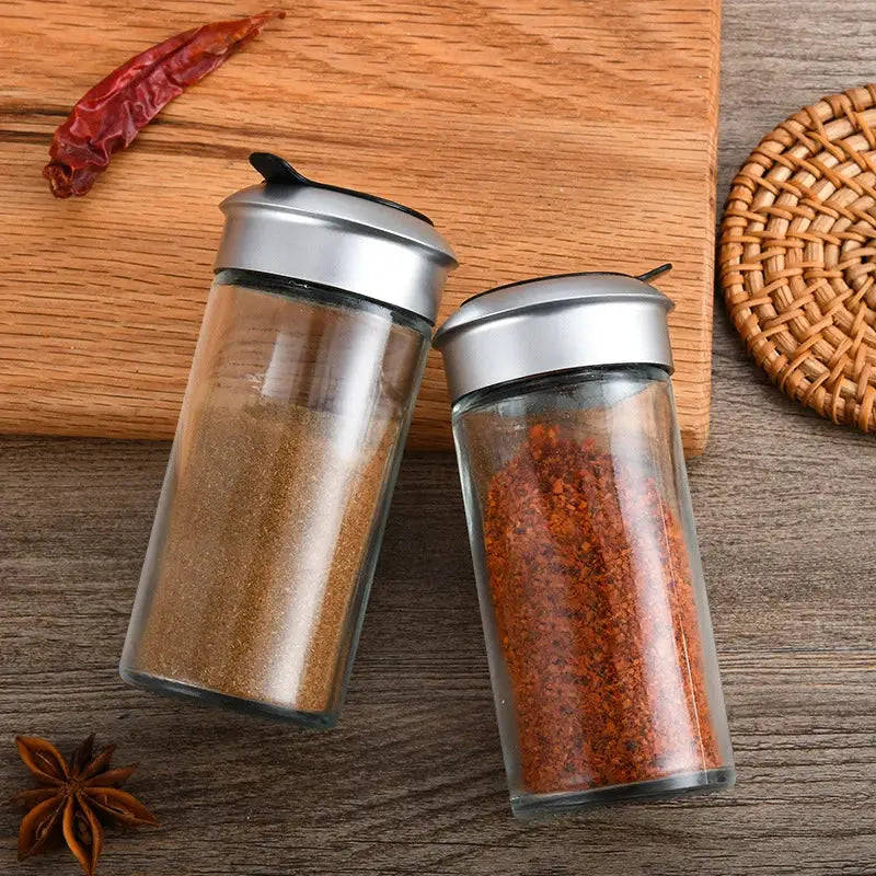Clear glass rotating spice jar set – kitchen seasoning bottles