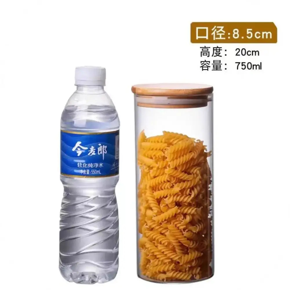 Clear glass storage jars with bamboo lids for kitchen organization