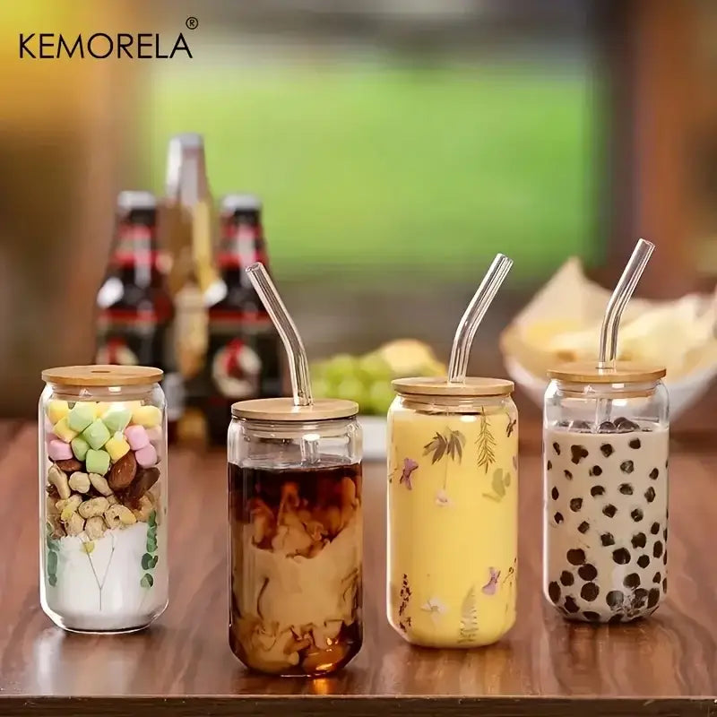 Clear glass tumbler cups with bamboo lid and straw kitchen set