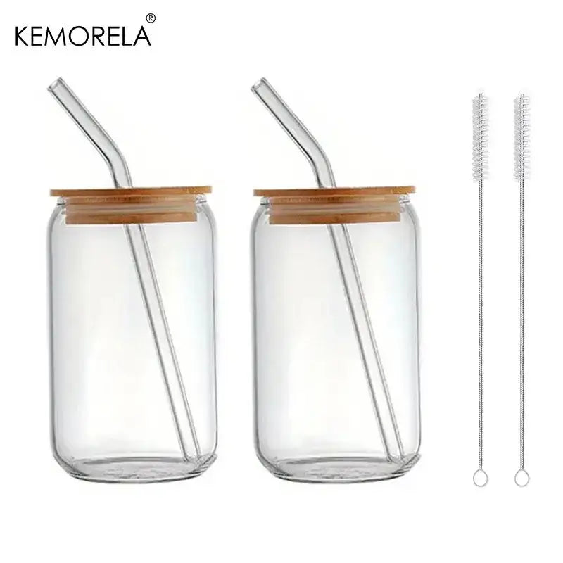 Clear glass tumbler cups with bamboo lid and straw kitchen set