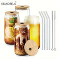 Clear glass tumbler cups with bamboo lid and straw kitchen set