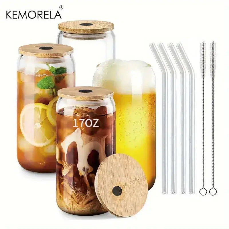 Clear glass tumbler cups with bamboo lid and straw kitchen set