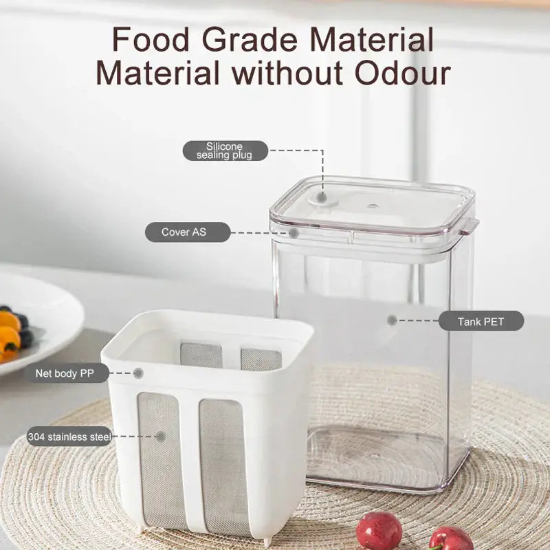 Clear greek yogurt maker with white lid and mesh filter kitchen