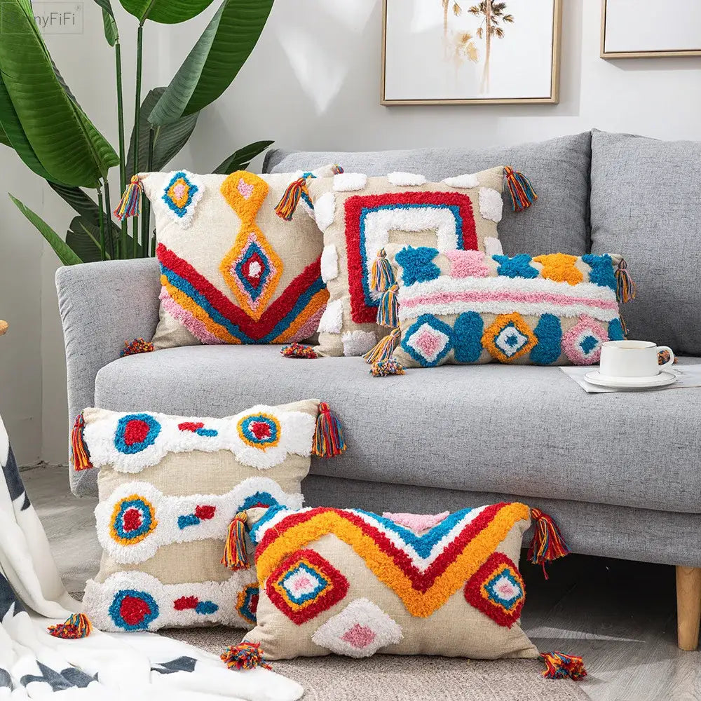 Colorful geometric boho tassel macrame pillow covers living room decor