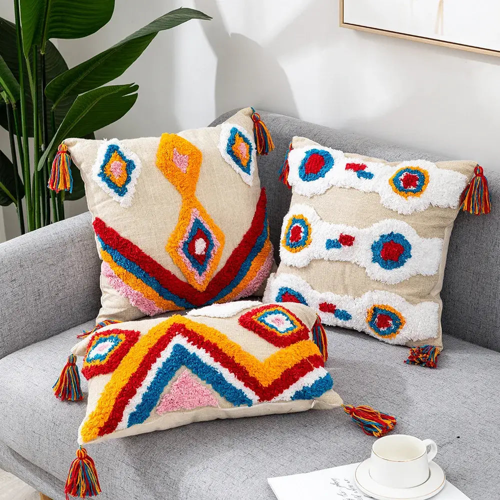 Colorful geometric tassel pillowcase bedroom hand embroidered decor