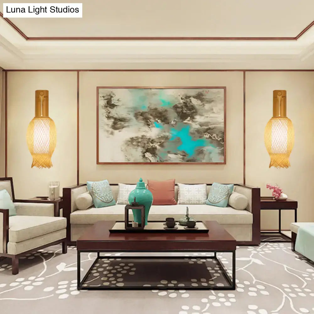 Contemporary bamboo golden wall light fixture – bedroom woven lantern