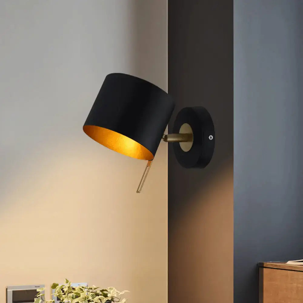 Contemporary black and gold metal drum wall sconce bedroom light