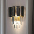 Contemporary black & gold wall lamp with clear crystal prisms bedroom