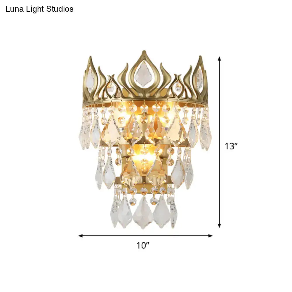 Contemporary brass crown sconce light fixture bedroom crystal drip