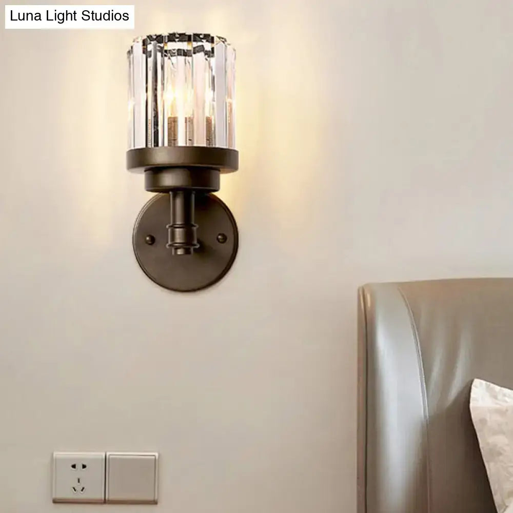 Contemporary bronze wall sconce with ribbed crystal shade hallway light fixture