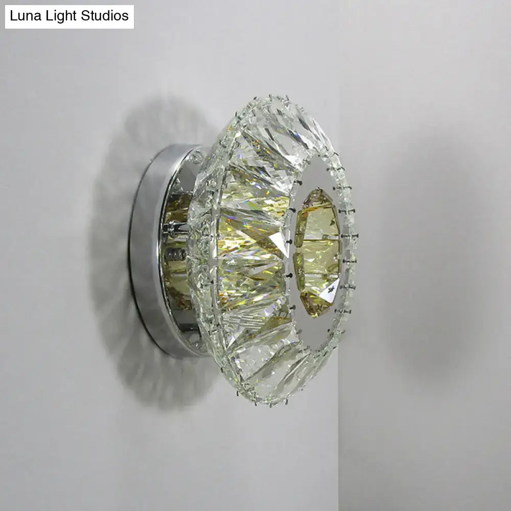 Contemporary chrome crystal wall lamp bedroom round faceted mirror